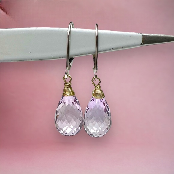 Handcrafted Natural Rose de France Amethyst Earrings 14K White Gold, NEW - Picture 2 of 9